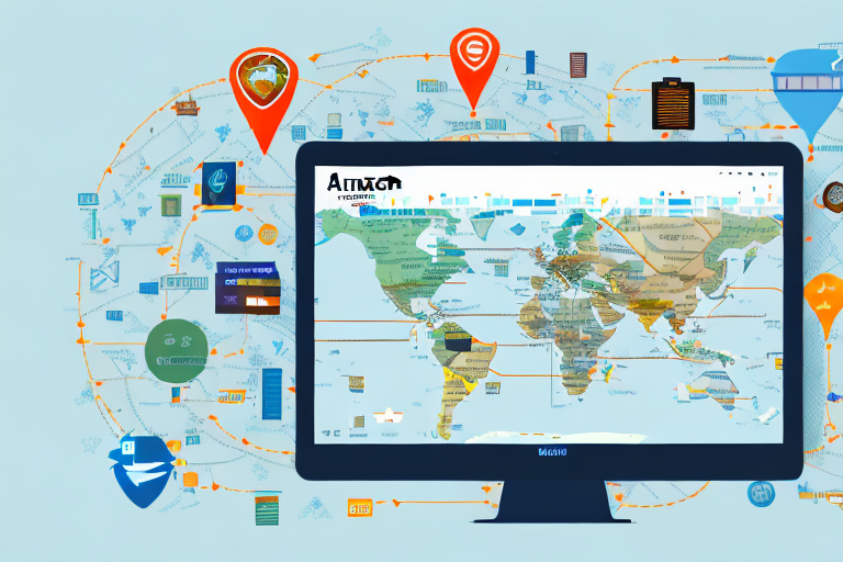 A computer screen displaying a map-like layout of the amazon website with various categories as landmarks and pathways leading to different sections