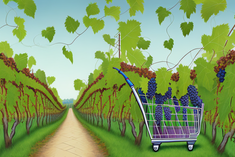 A shopping cart filled with grape vines and a pathway leading towards a vineyard