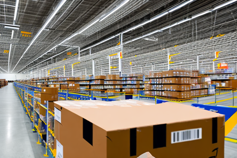 An amazon warehouse with packages being sorted on conveyor belts