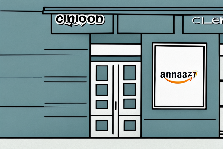 A shuttered storefront with amazon's iconic cardboard boxes scattered around and a 'closed' sign hanging on the door