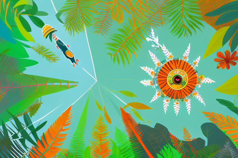A vibrant amazon rainforest scene with symbolic elements like a rocket (representing boost) and subtly integrated seasonal elements (like snowflakes