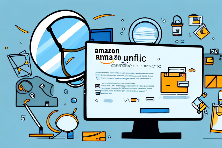 A magnifying glass hovering over a computer screen displaying various amazon products