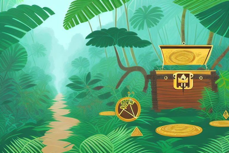 A lush amazon rainforest with a path leading towards a treasure chest