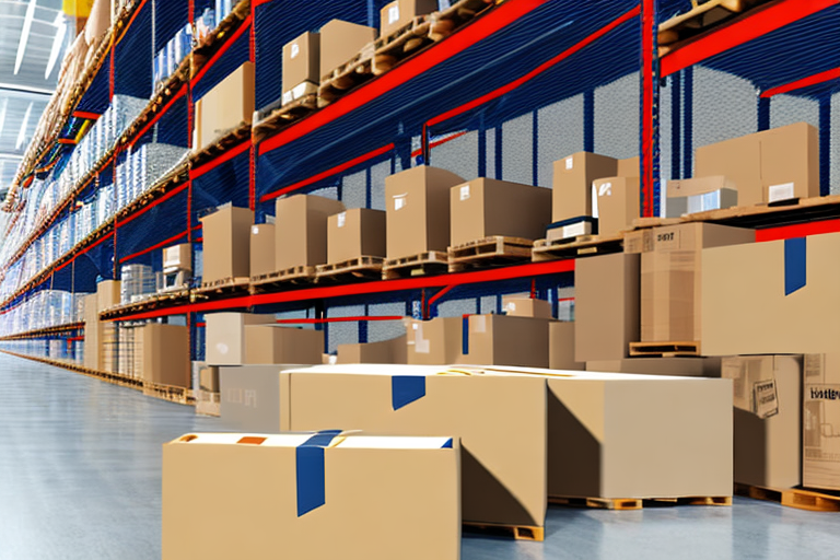 A warehouse with amazon packages being sorted onto conveyor belts