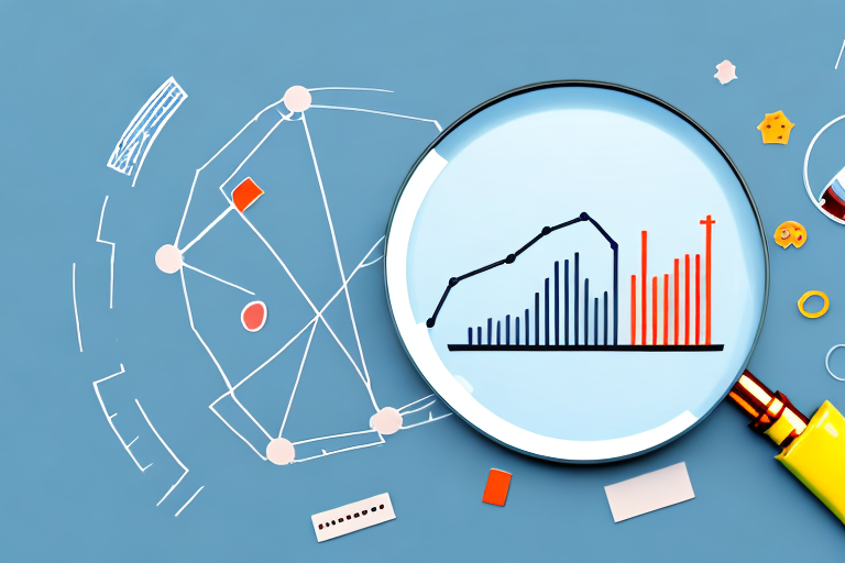 A magnifying glass hovering over a graph depicting rising sales trends