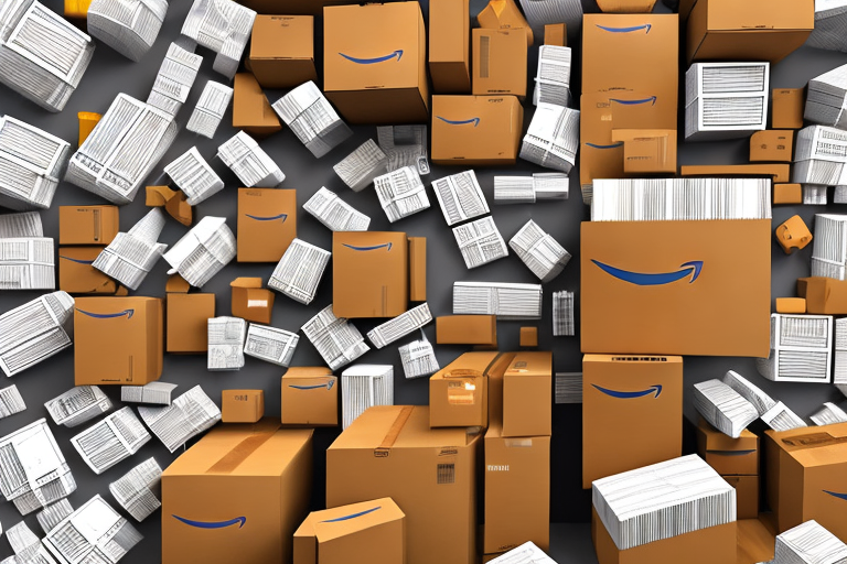 A warehouse filled with various types of products and amazon-branded shipping boxes