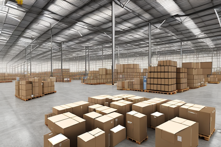 A warehouse with various boxes being sorted and prepared for shipment