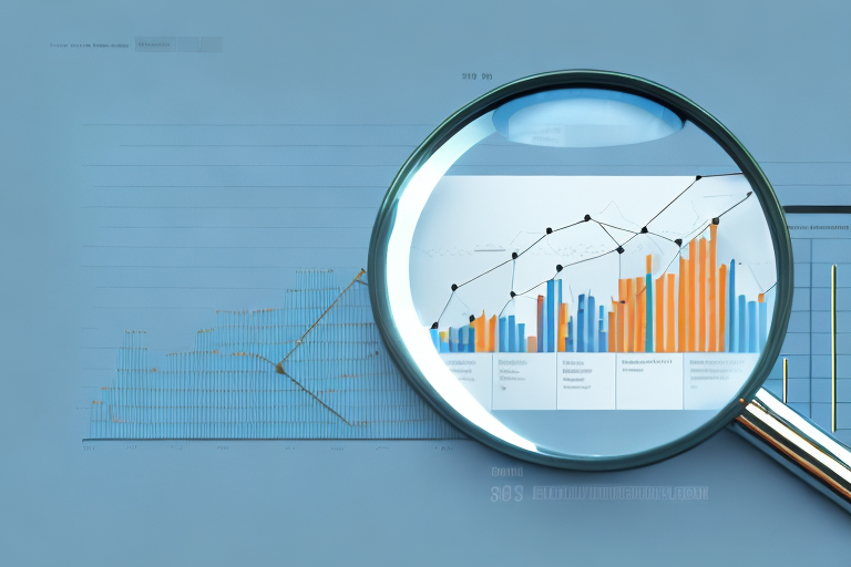 A magnifying glass focusing on a bar chart showing increasing sales