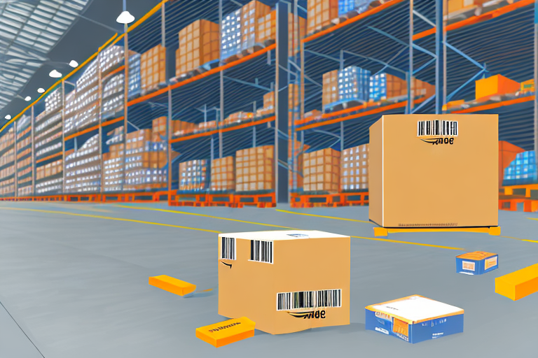 A warehouse full of various products with a prominent amazon shipping box in the foreground