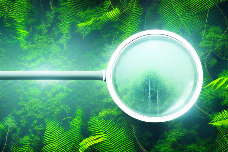 A magnifying glass hovering over an amazon rainforest that transitions into a digital landscape