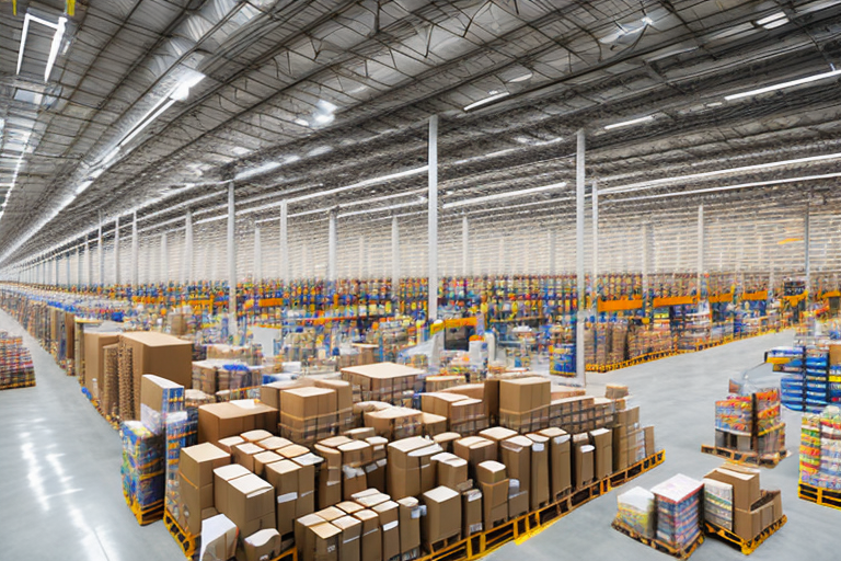 A large warehouse filled with shelves of various products