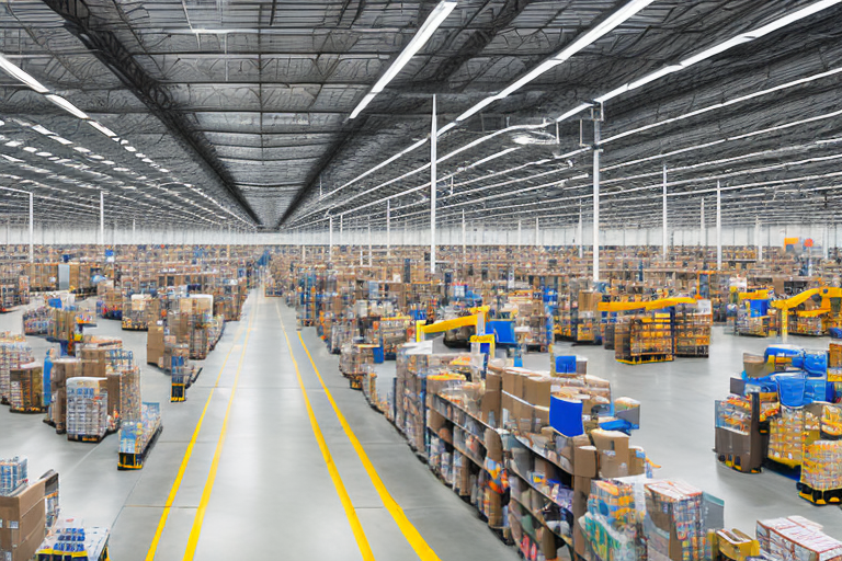 An expansive amazon warehouse with rows of shelves filled with various items