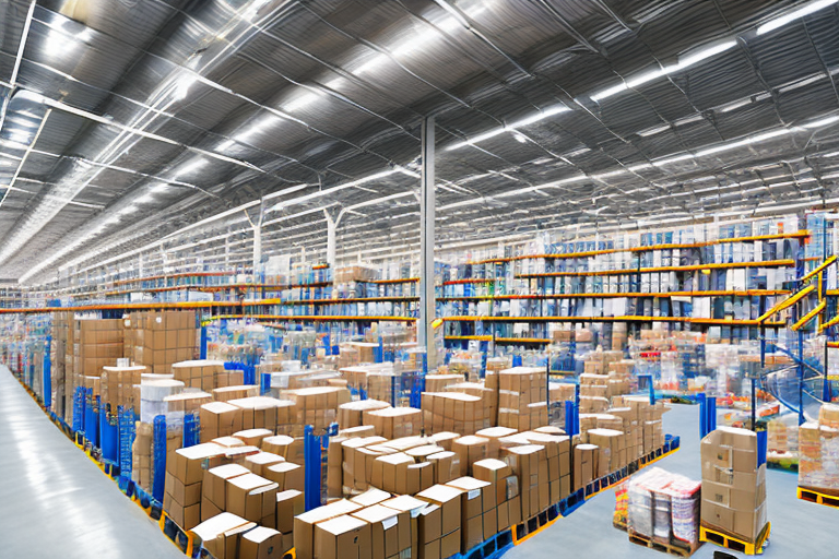 A large warehouse filled with multiple shelves stacked with various types of packages