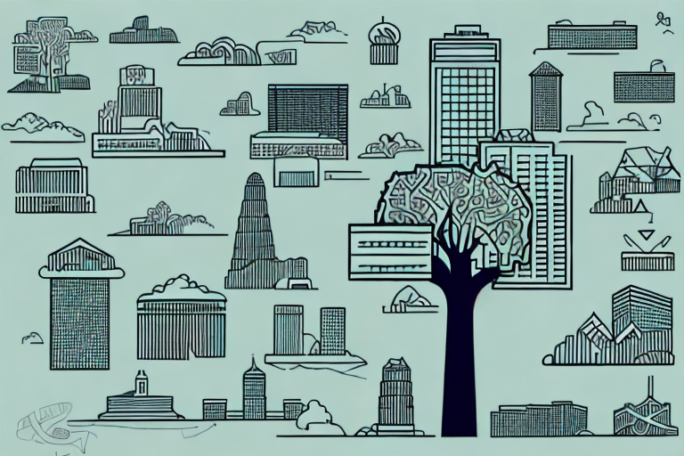 A large tree with various types of buildings (representing different types of companies) nestled on its branches