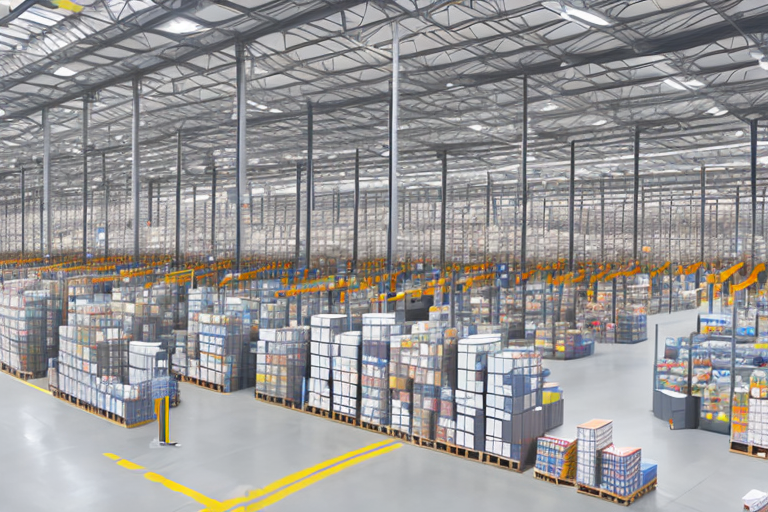 An amazon warehouse with various sections like packing