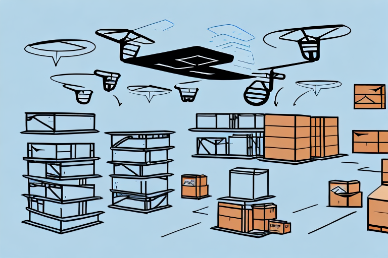 A warehouse filled with various types of products and an amazon delivery drone flying overhead