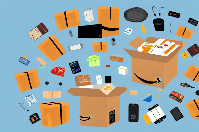 An amazon delivery box surrounded by various consumer goods like electronics