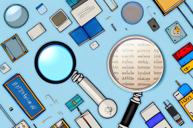 A magnifying glass hovering over a variety of items such as books