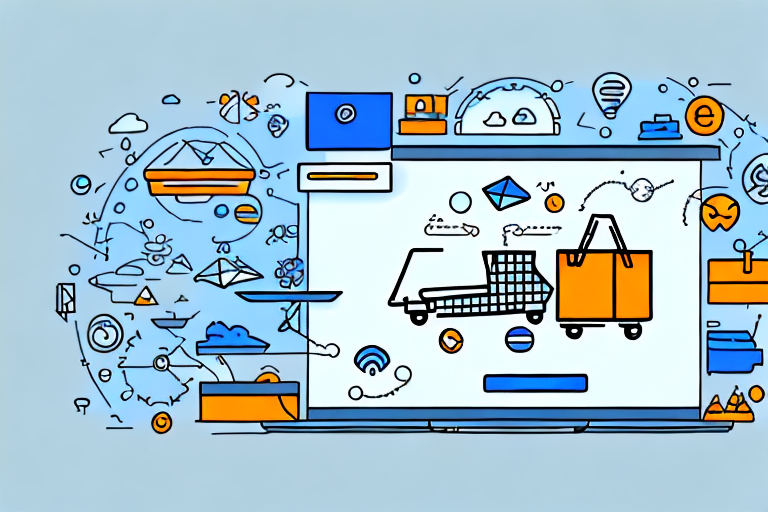 A dynamic e-commerce landscape with various elements like shipping boxes