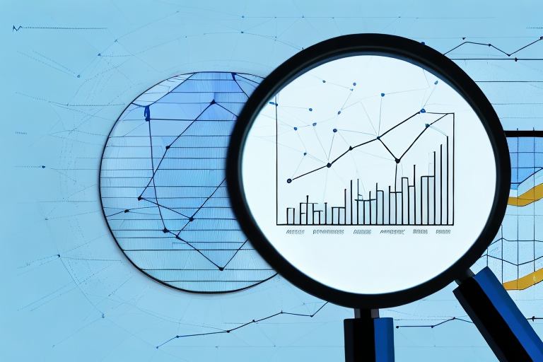 A magnifying glass hovering over a computer screen displaying graphs and charts related to amazon sales data