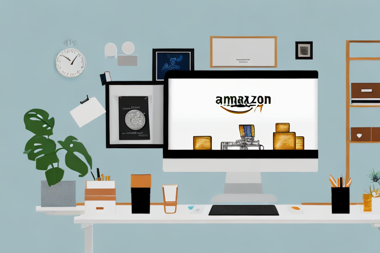 A home office setup with a computer displaying amazon's website