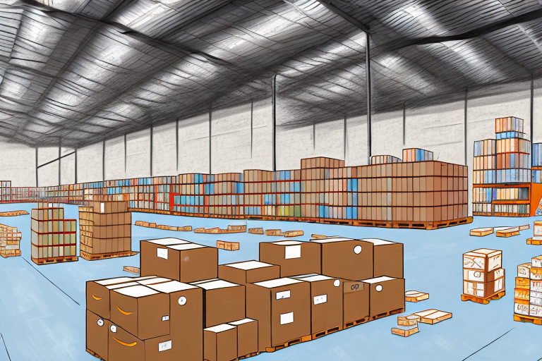 A warehouse filled with various types of products and amazon's signature shipping boxes