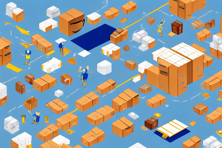 An amazon warehouse with various packages moving along a conveyor belt system