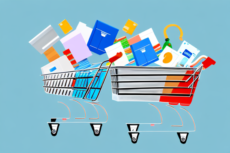 A shopping cart filled with various generic products