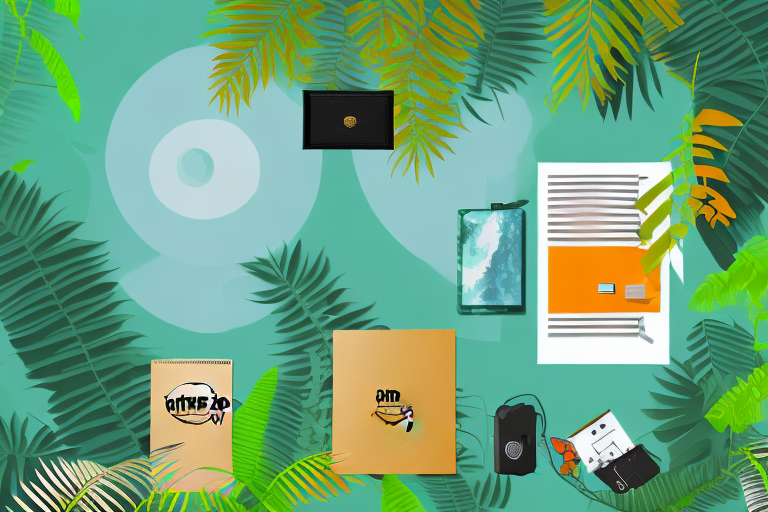 A stylized amazon jungle scene with various products (like books