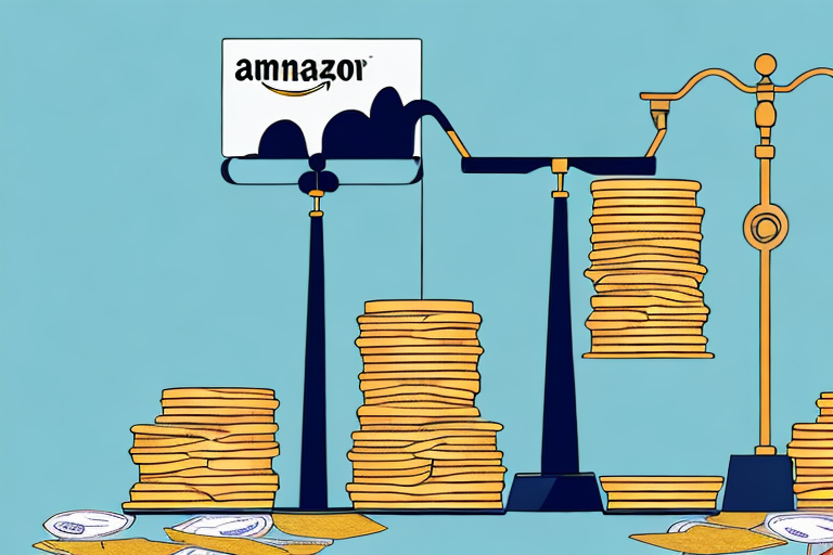 A scale balancing a pile of amazon packages on one side and a pile of money on the other