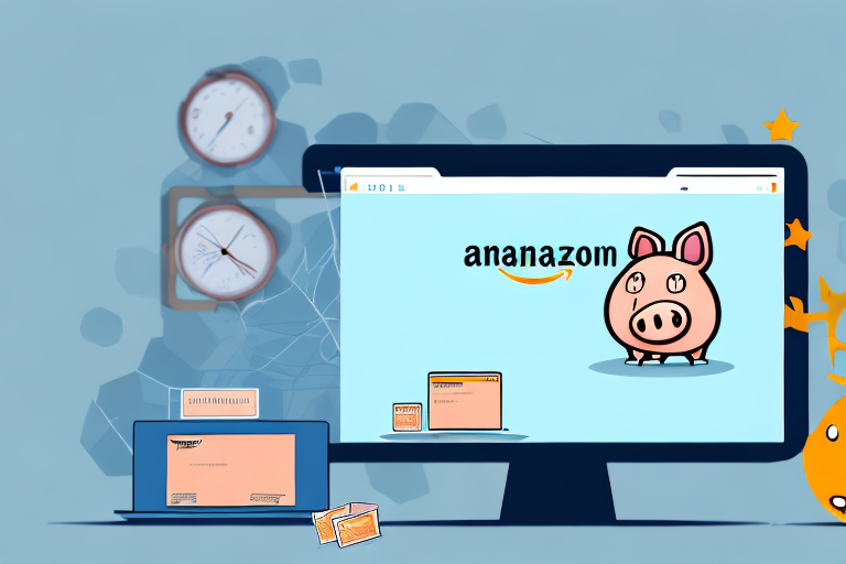 An empty piggy bank next to a computer displaying an amazon marketplace screen