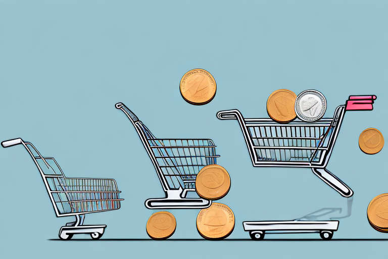 A scale balancing a shopping cart filled with various goods on one side and a pile of coins on the other