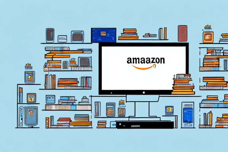 A computer with an amazon storefront on the screen surrounded by various types of products like books