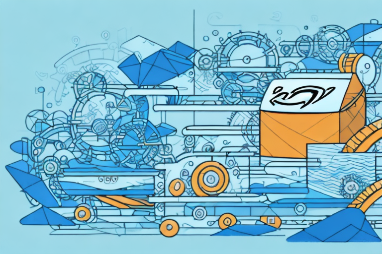 A conveyor belt with various types of products moving towards a stylized amazon box