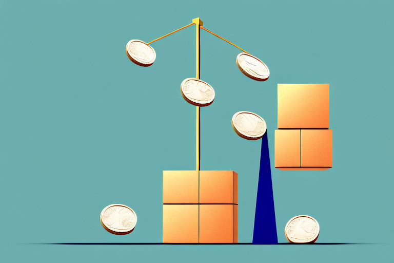 A balanced scale with a box on one side symbolizing goods and a pile of coins on the other side