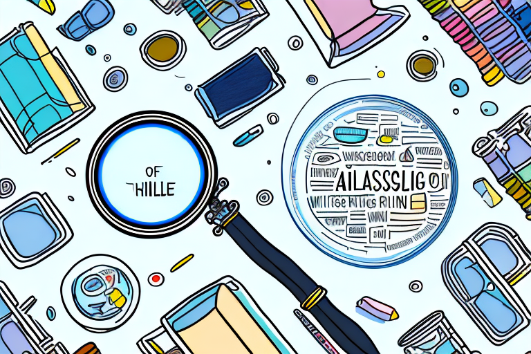 A magnifying glass hovering over a diverse array of products