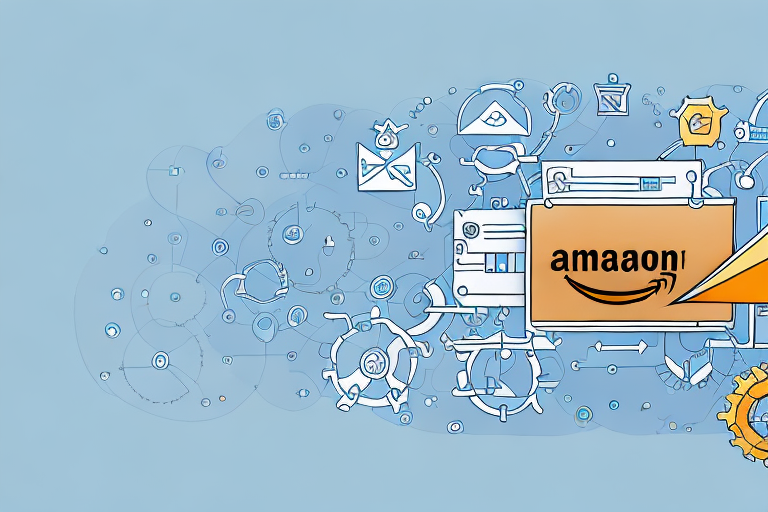 A symbolic representation of amazon's platform with various marketing tools and growth indicators