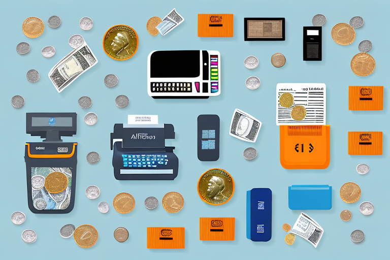 A cash register overflowing with coins and bills