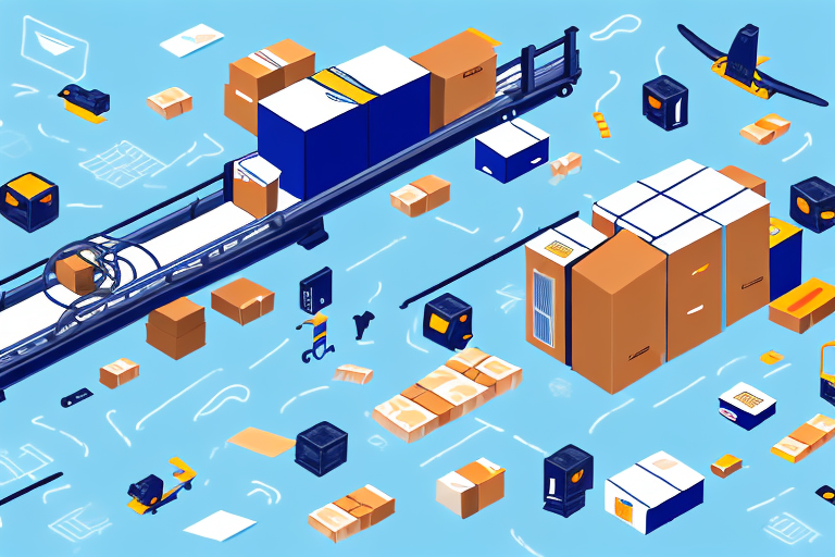 A conveyor belt with various products moving towards a stylized amazon fba warehouse