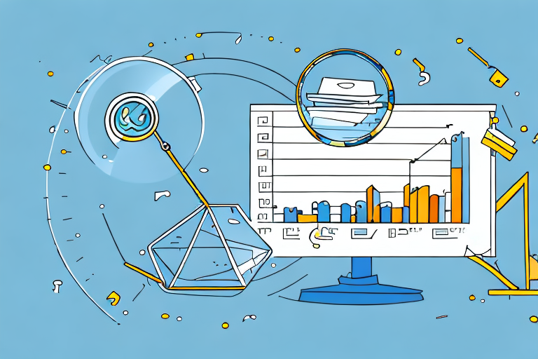 A magnifying glass hovering over a bar graph that represents fluctuating sales