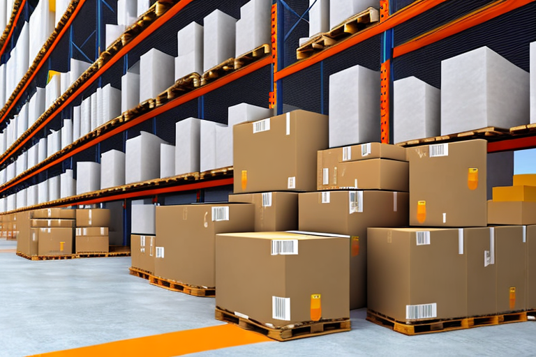 A warehouse with amazon packages being loaded onto a delivery truck