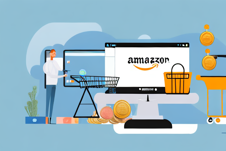 A computer displaying an amazon marketplace interface with a shopping cart and a scale balancing coins