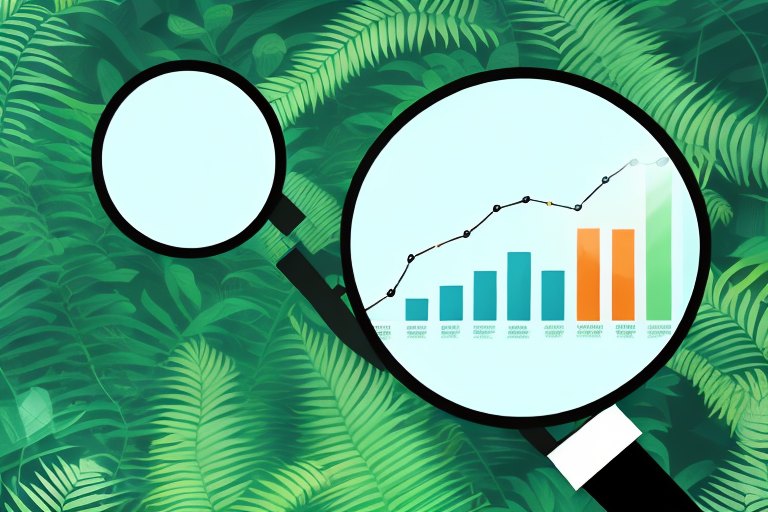 A magnifying glass focusing on a bar graph showing increasing returns