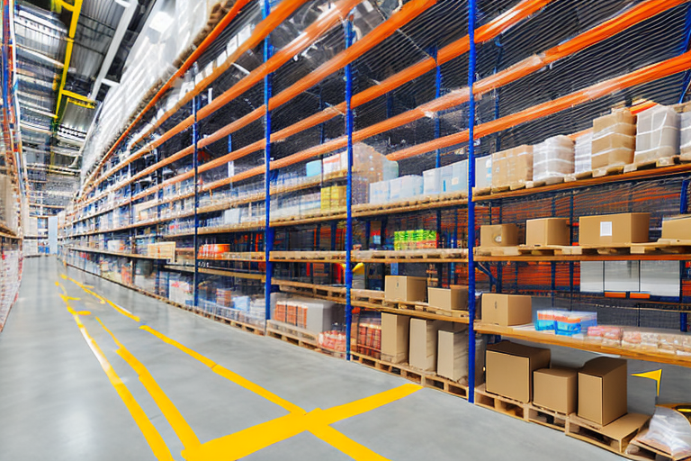 A warehouse with shelves filled with various packaged products