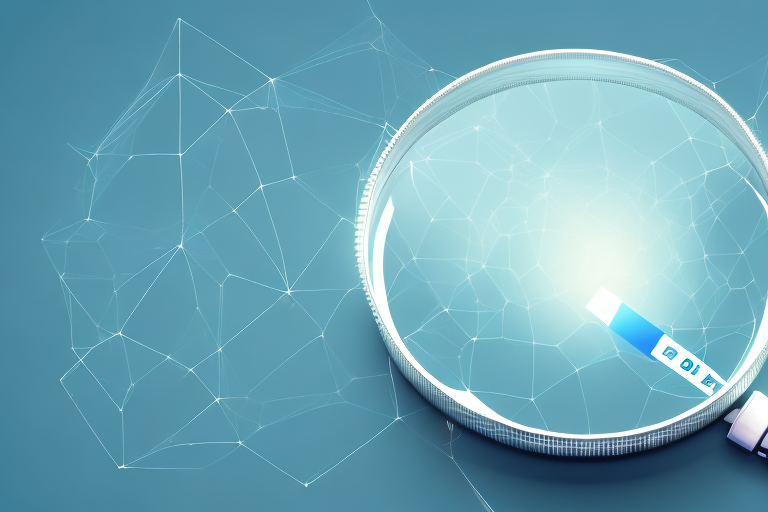 A magnifying glass hovering over a 3d bar graph representing sales data