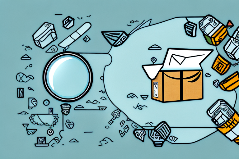 A magnifying glass hovering over a stylized depiction of amazon's iconic shipping box