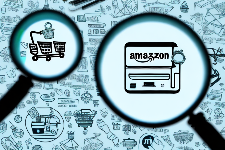 A magnifying glass hovering over a stylized representation of the amazon website