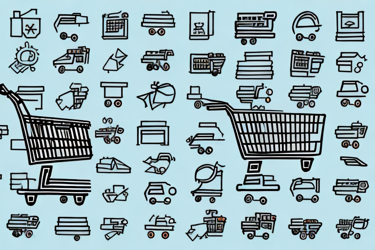 A shopping cart filled with various physical store building icons