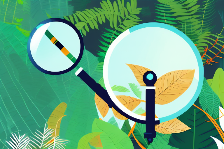 A magnifying glass hovering over a stylized amazon rainforest