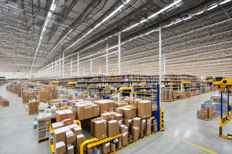 A large warehouse filled with shelves of various products